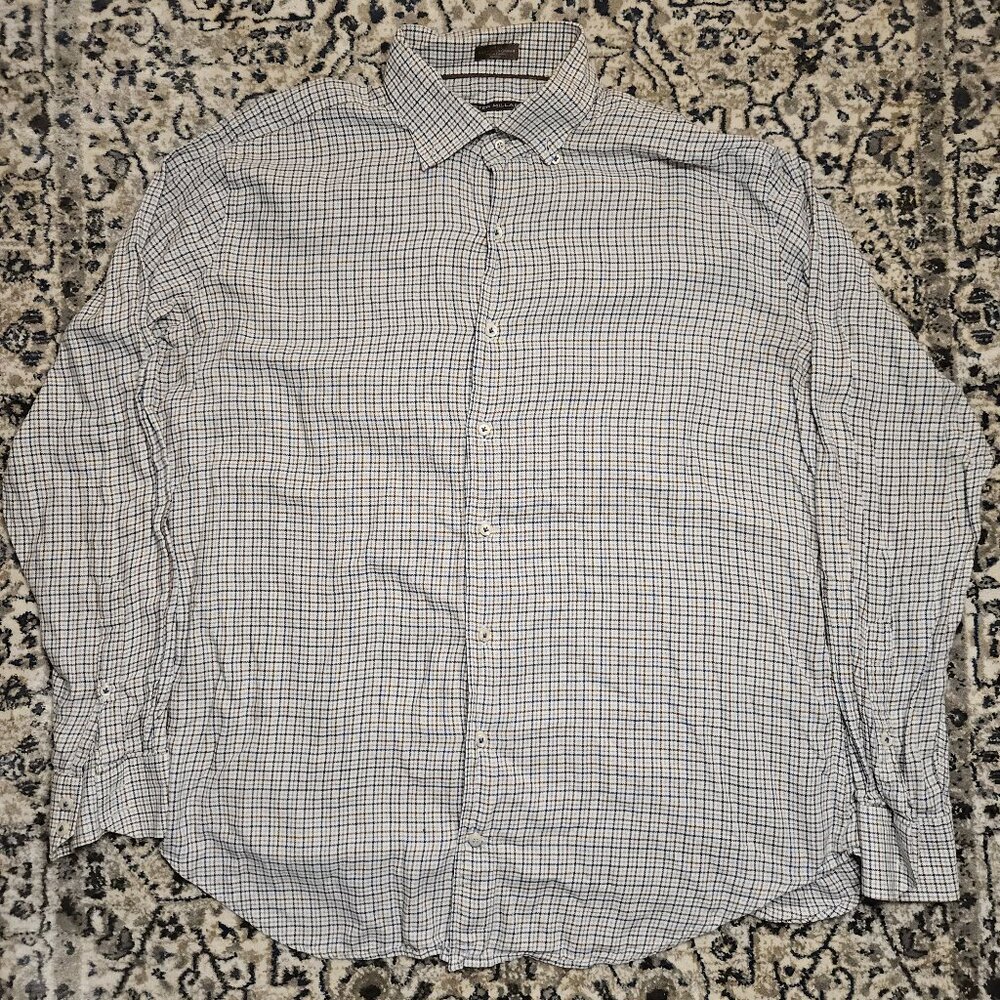 Peter Millar Cotton Cashmere Check Button Down Shirt Long Sleeve Mens L Preppy